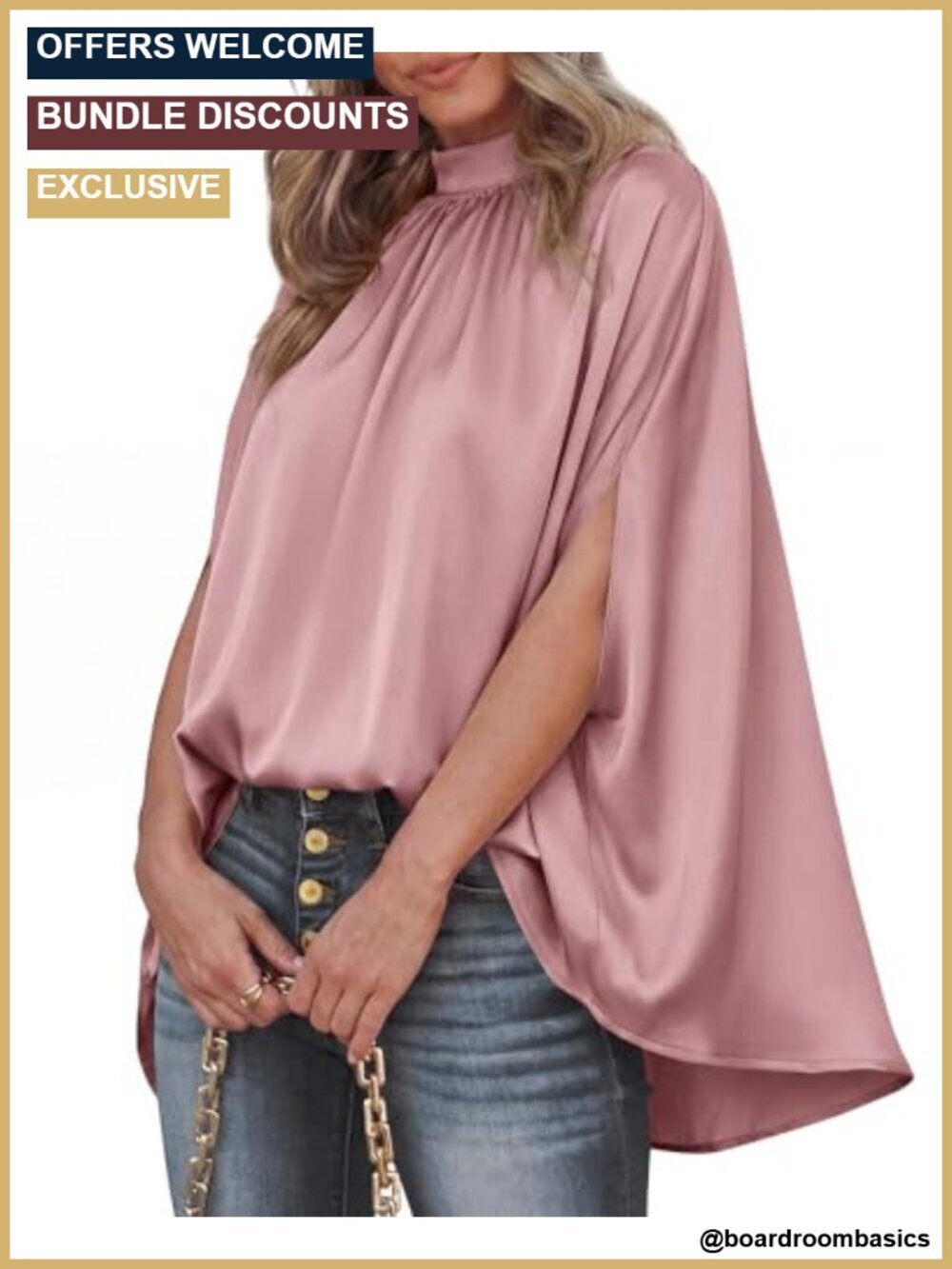 Satin Blouse Mock Neck Batwing Sleeve Oversized Loose Fit